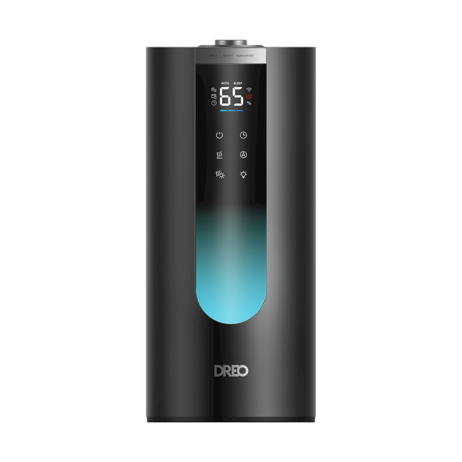 Un umidificatore nero con display digitale che mostra il 65%.
