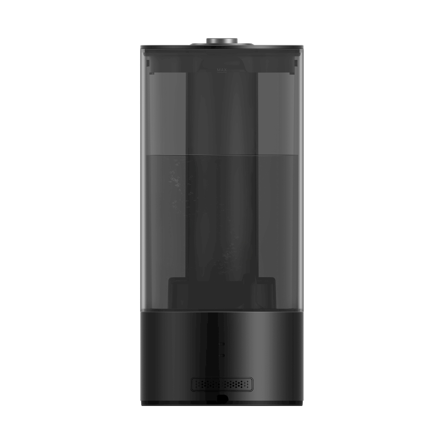 Un umidificatore nero con serbatoio trasparente, riempito a metà d'acqua.