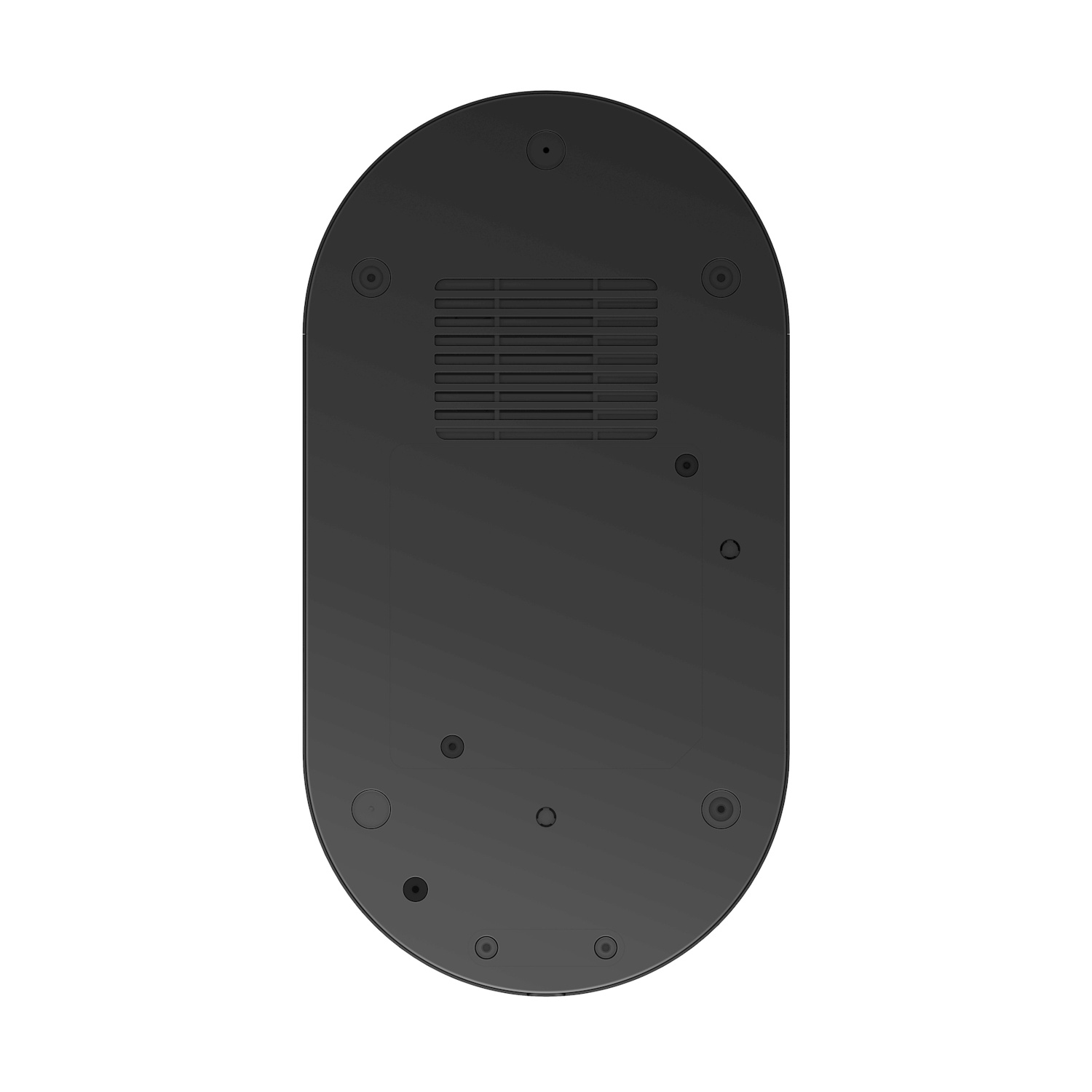 Parte inferiore di un dispositivo ovale nero con prese d'aria e viti.