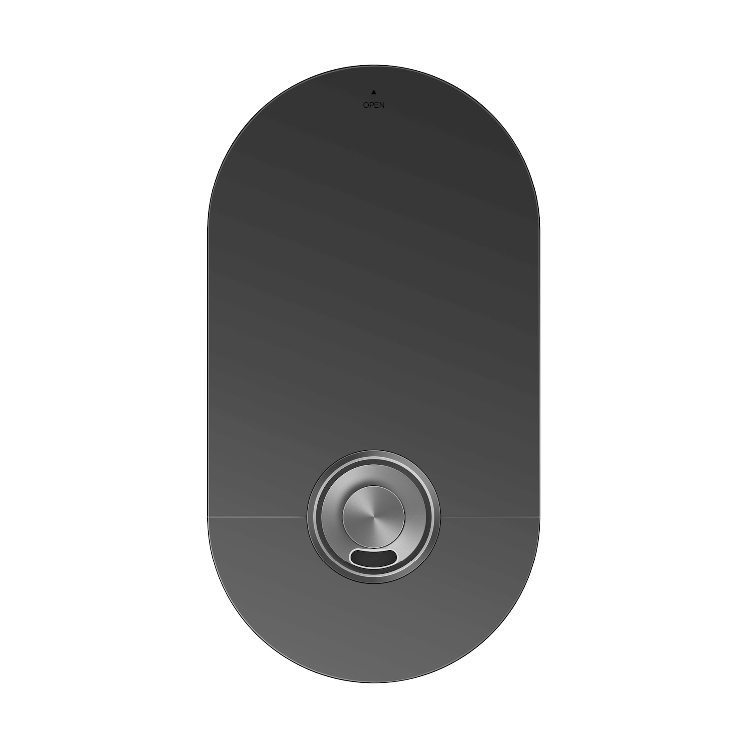 Dispositivo ovale grigio scuro con pannello di controllo argentato e etichetta 'OPEN'.