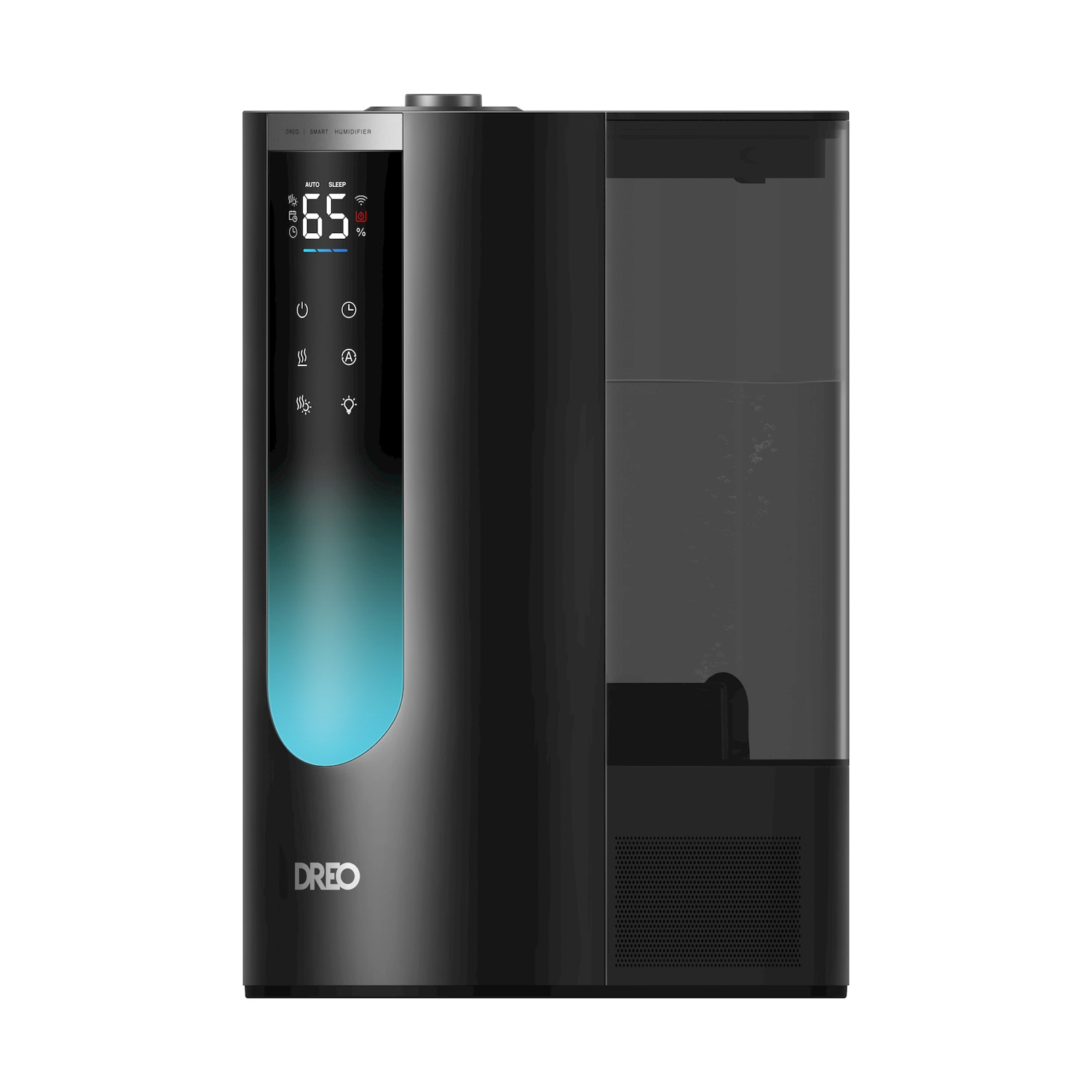 Un umidificatore smart DREO nero con display digitale che mostra il 65% di umidità.