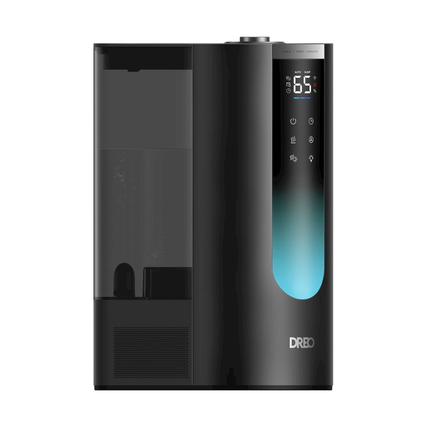 Umidificatore nero con display digitale che mostra il 65%.