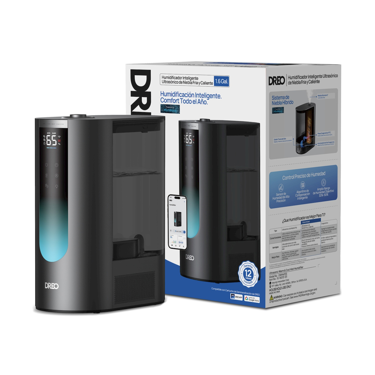 Un umidificatore nero con display digitale e striscia luminosa blu accanto alla sua confezione.
