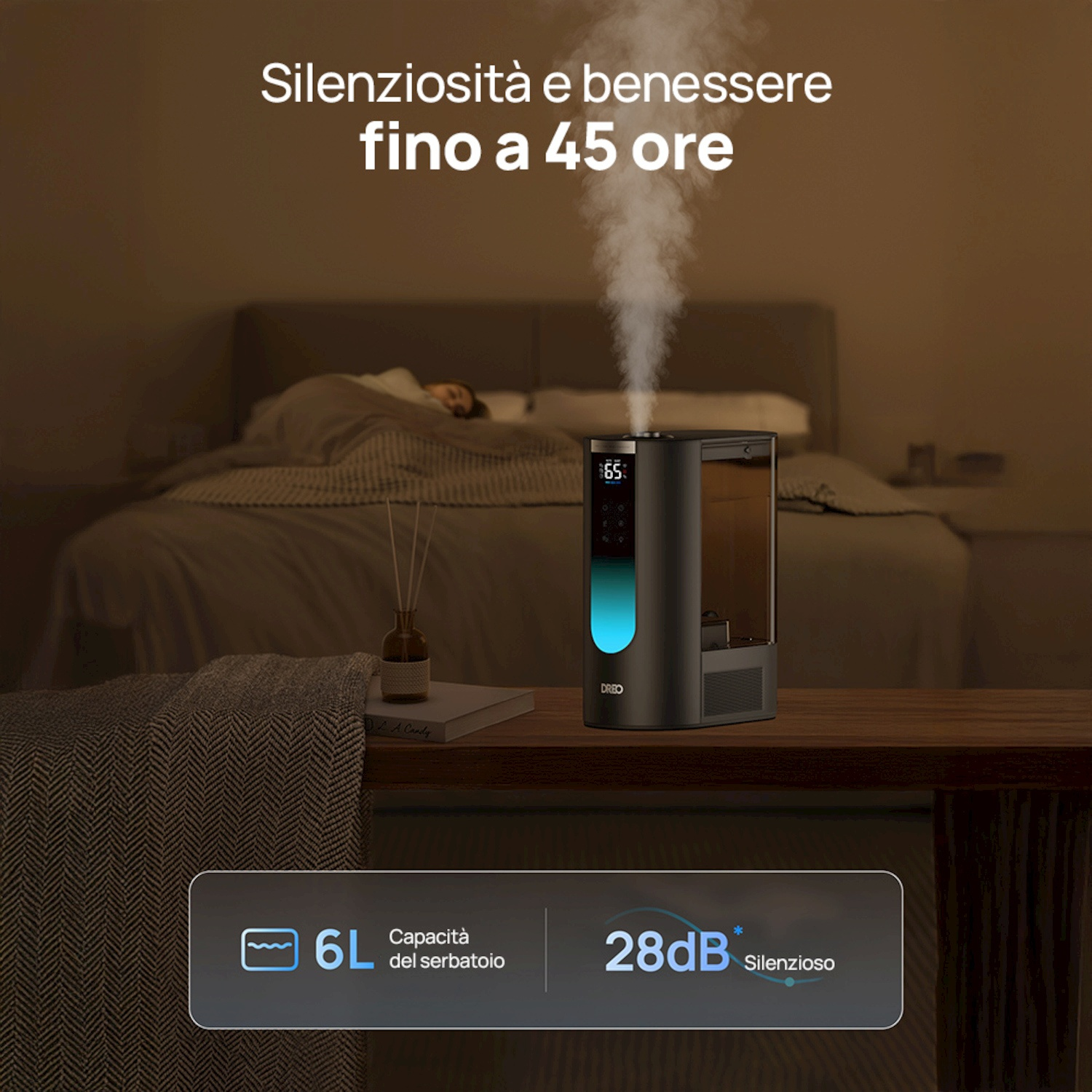Un umidificatore emette vapore vicino a un letto con una persona che dorme. Serbatoio 6L.