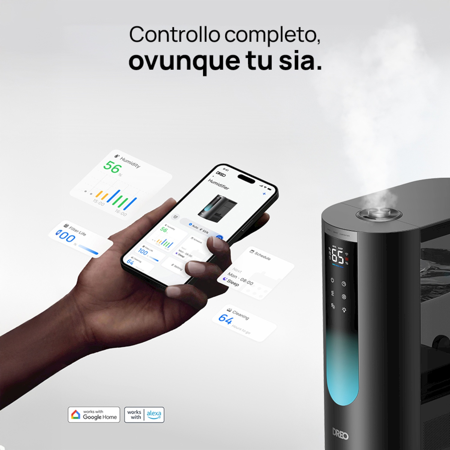 Una mano tiene uno smartphone con app di umidificatore. Un umidificatore è accanto.