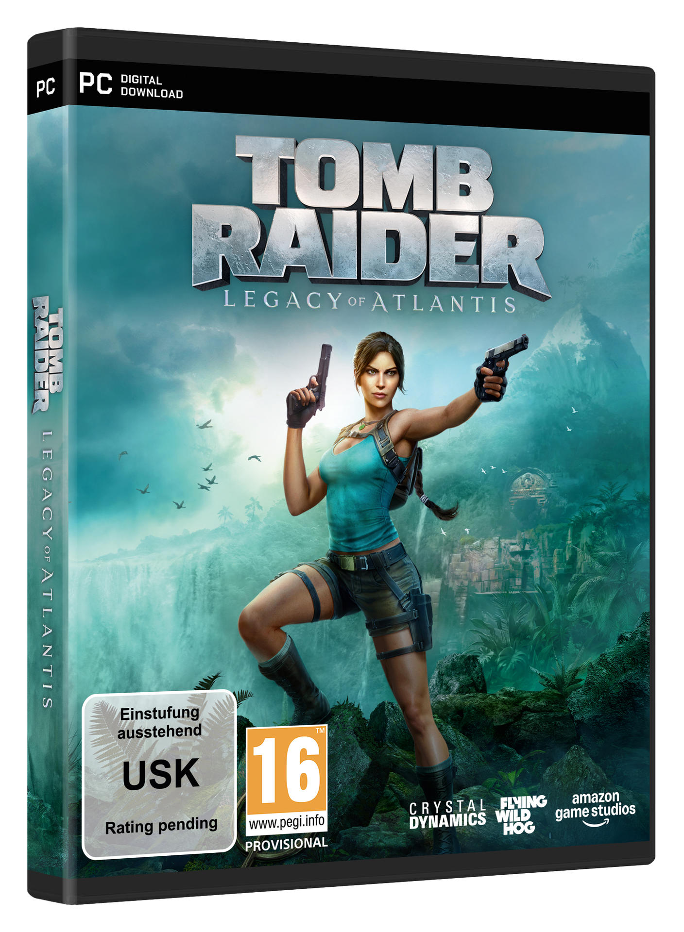 Lara Croft mit zwei Pistolen vor einer Wasserfallkulisse und Ruinen.