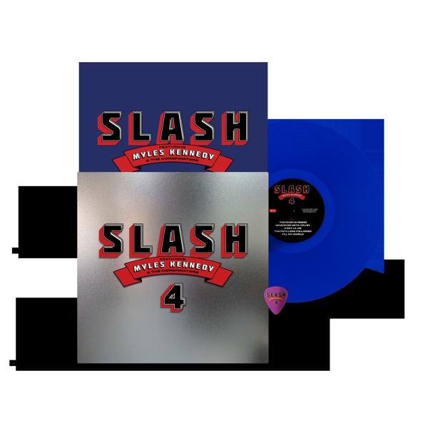 Ein blaues Vinyl, zwei Albumcover mit "Slash" und "4" und ein Plektrum.