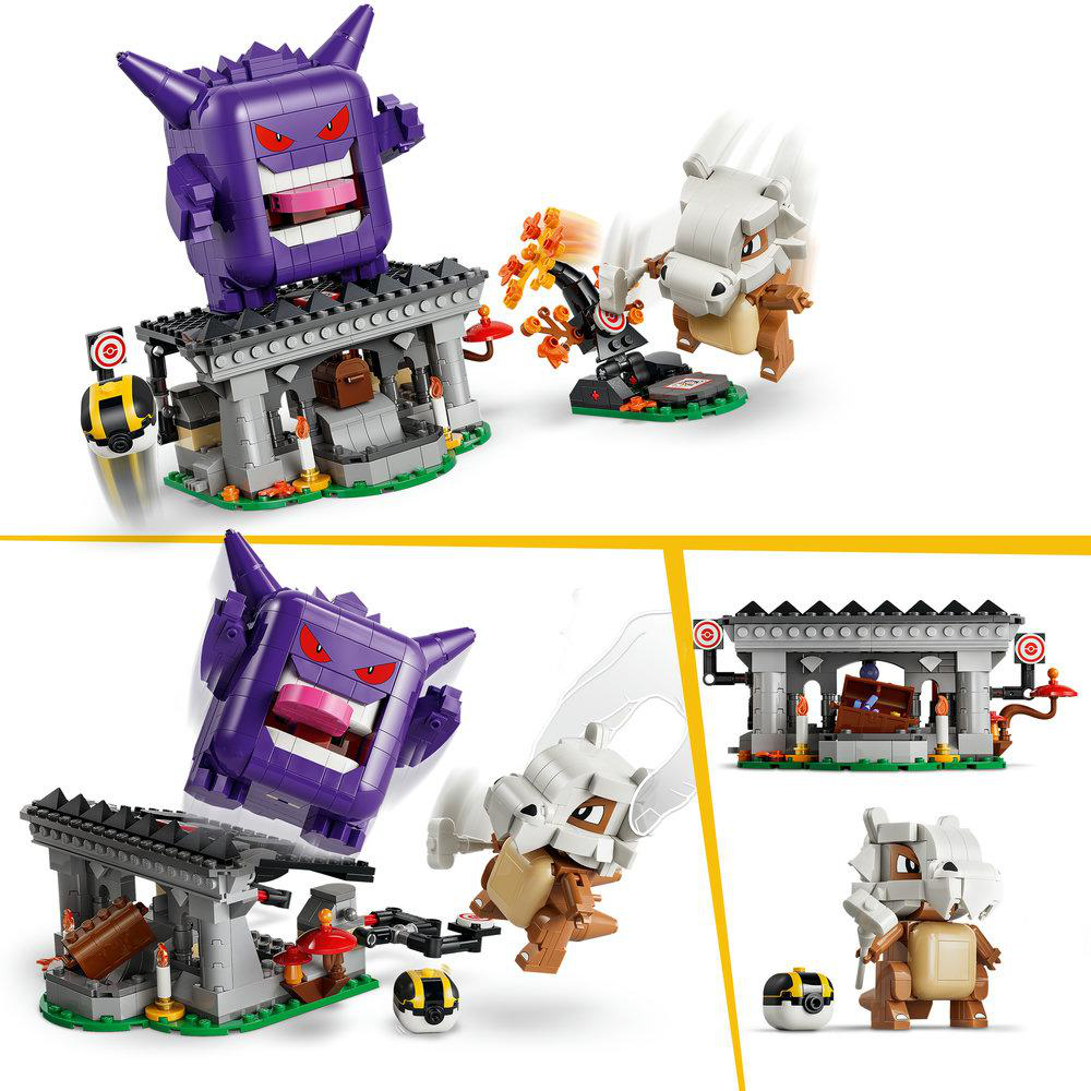 Lego-Nachbau von Pokémon-Figuren Gengar und Cubone in Kampfszenen.