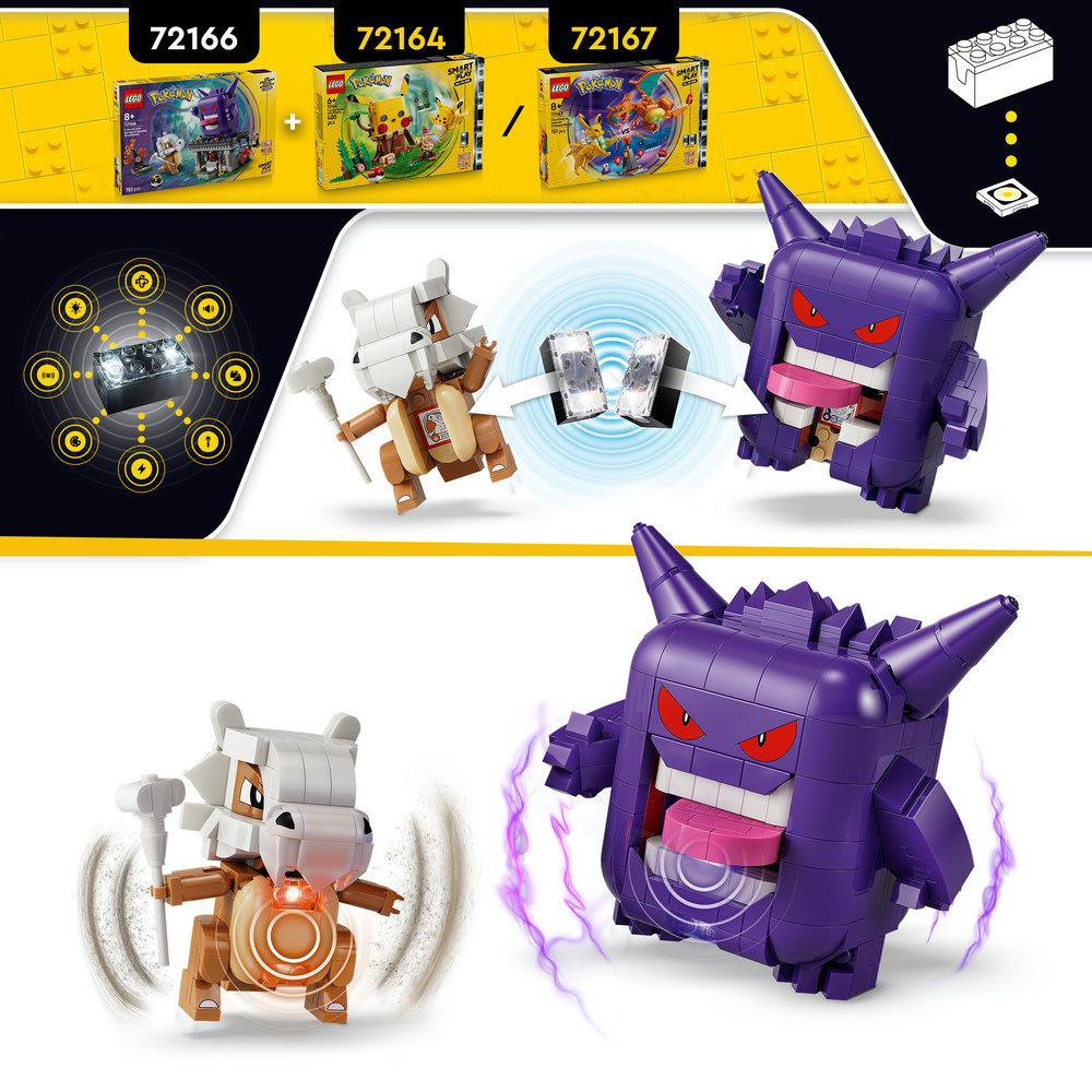 LEGO Pokémon-Bausätze: Cubone und Gengar, eine Box mit Lichtern und zwei Boxen mit Charakteren.