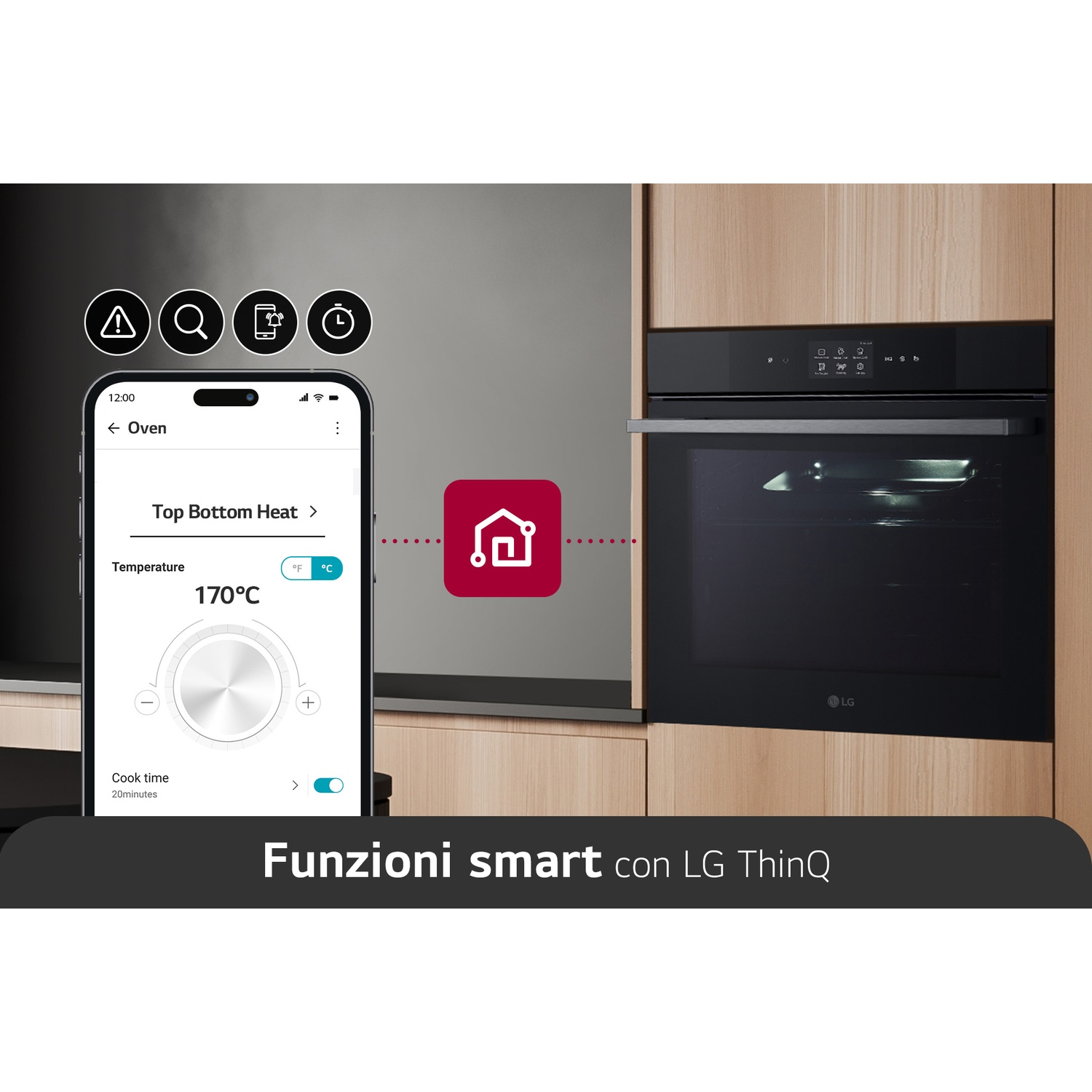 Uno smartphone mostra un forno a 170°C con tempo di cottura. Accanto, un forno LG.