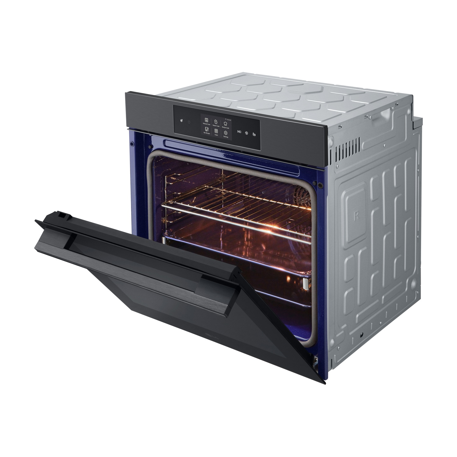 Un moderno forno da incasso con la porta nera leggermente aperta e la scocca argentata.