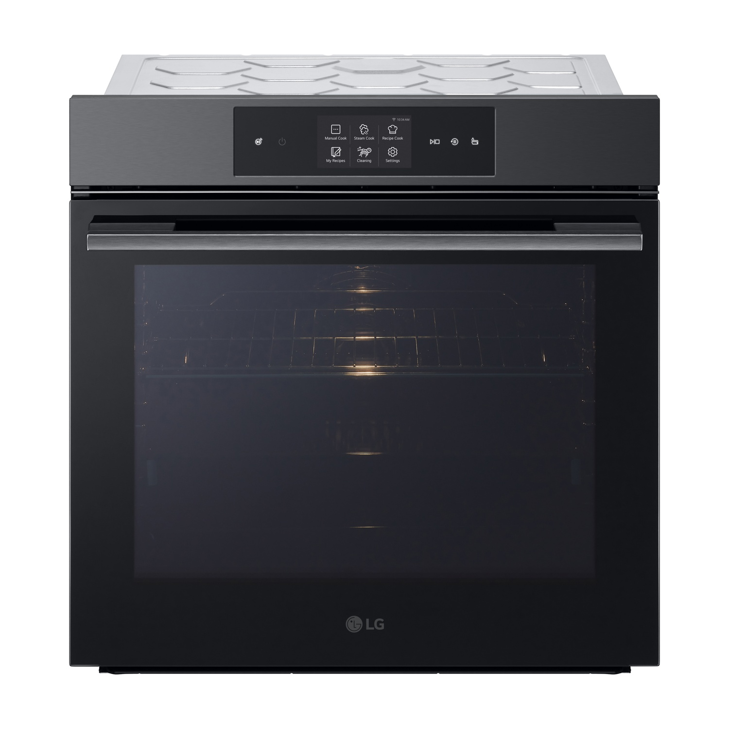 Un moderno forno LG nero con pannello di controllo touch screen e porta in vetro.