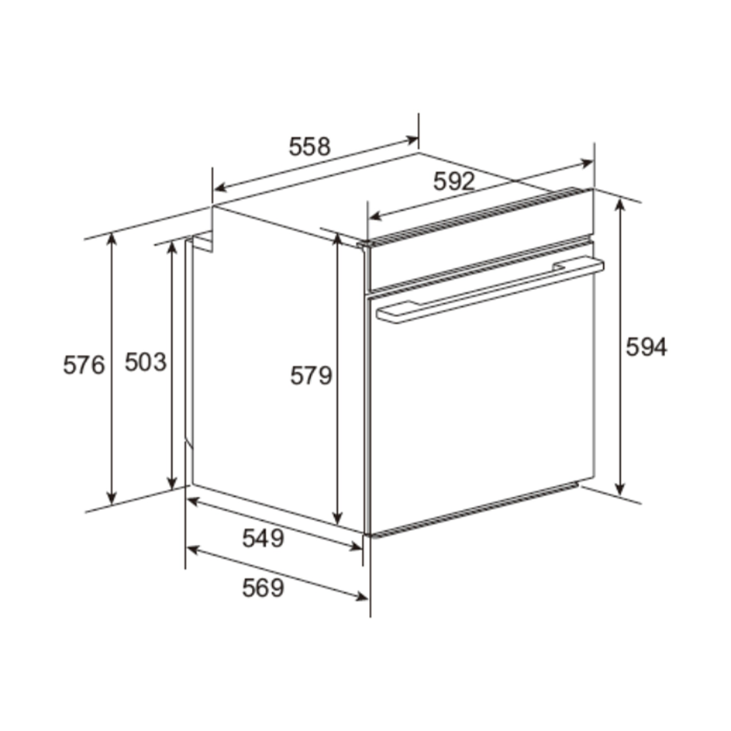 Disegno tecnico di un forno da incasso con dimensioni in millimetri.