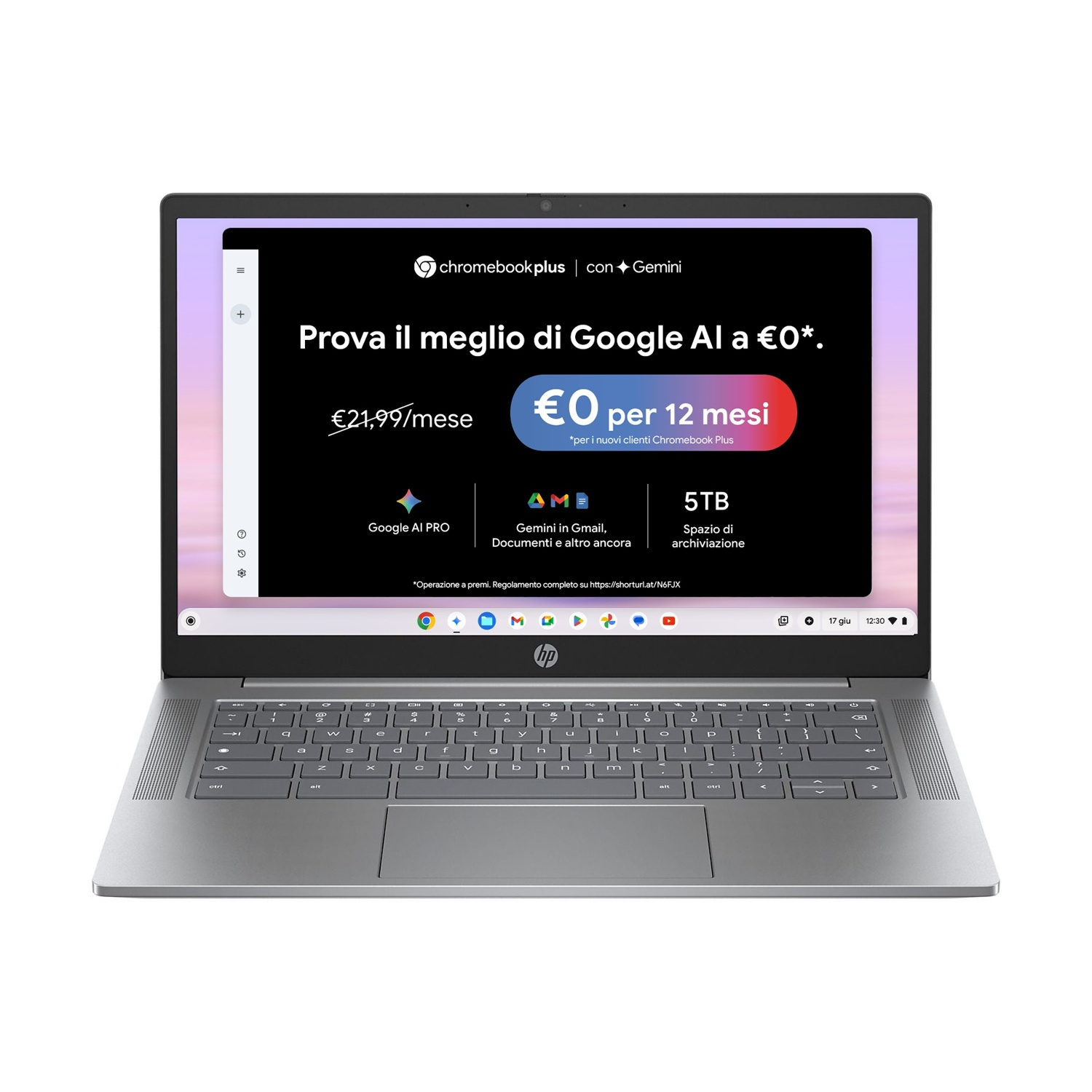 Un laptop HP Chromebook argentato che mostra un'offerta Chromebook Plus con Gemini sul suo schermo.