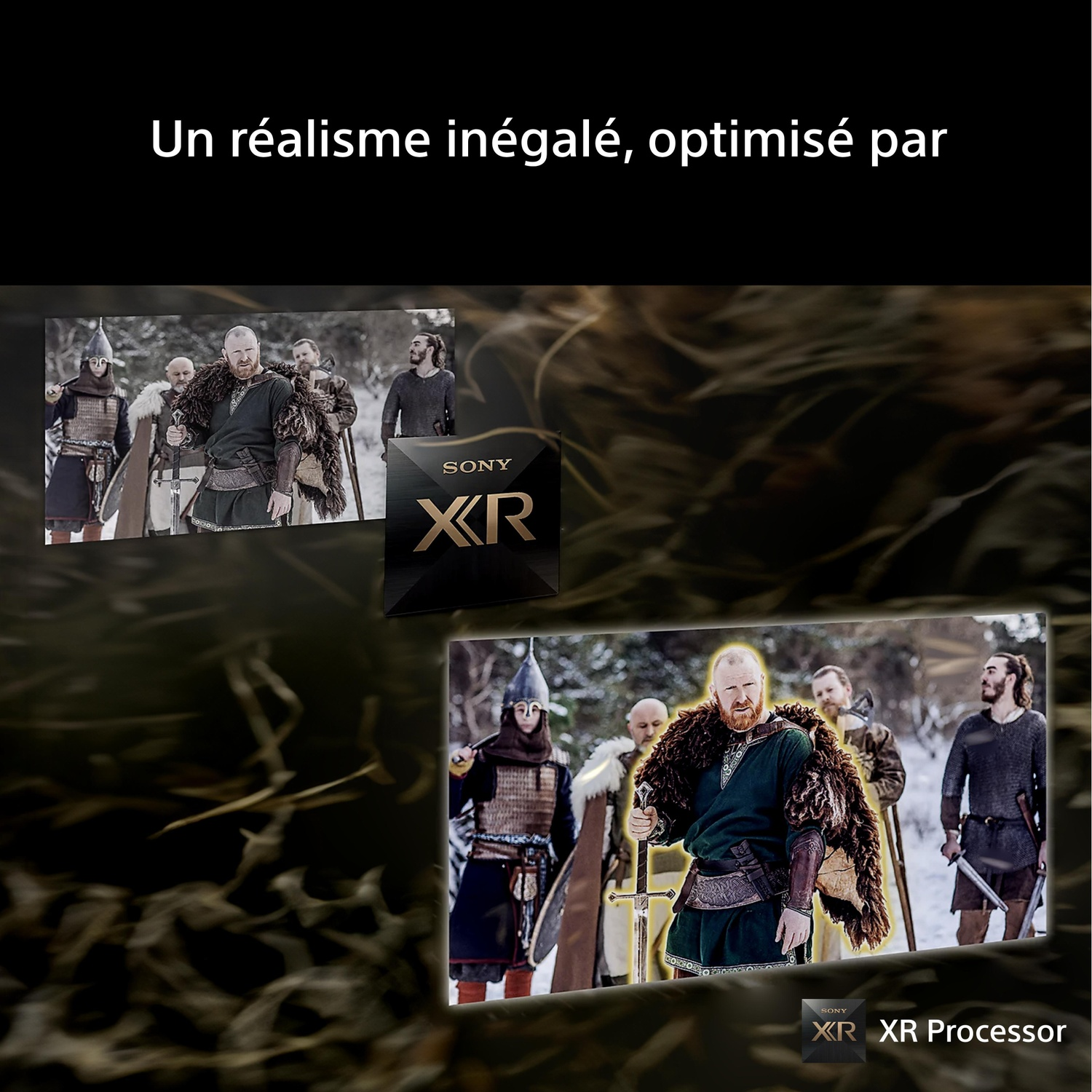 Vikingen met zwaarden en schilden in besneeuwde omgeving, Sony XR logo.