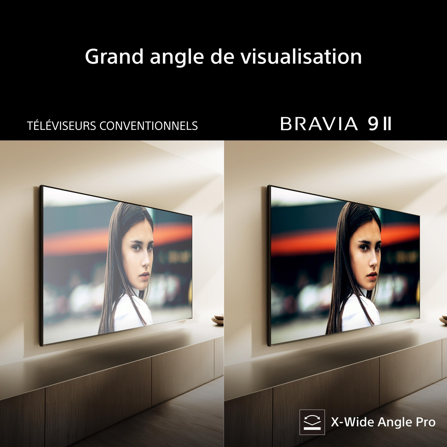 Twee tv's tonen een portret van een vrouw. Links: Conventioneel. Rechts: X-Wide Angle Pro.