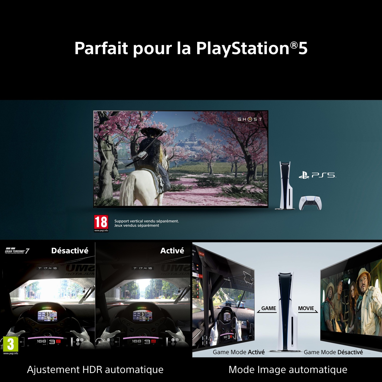 PlayStation 5 met games: Ghost of Tsushima, Gran Turismo 7 en film. HDR en gamemodi.