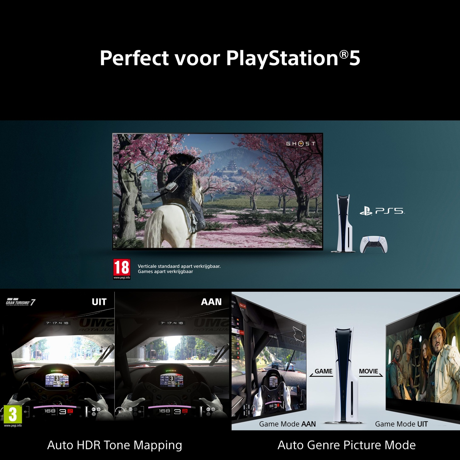 PS5 met Ghost of Tsushima, Gran Turismo 7, Auto HDR Tone Mapping en Auto Genre Picture Mode.