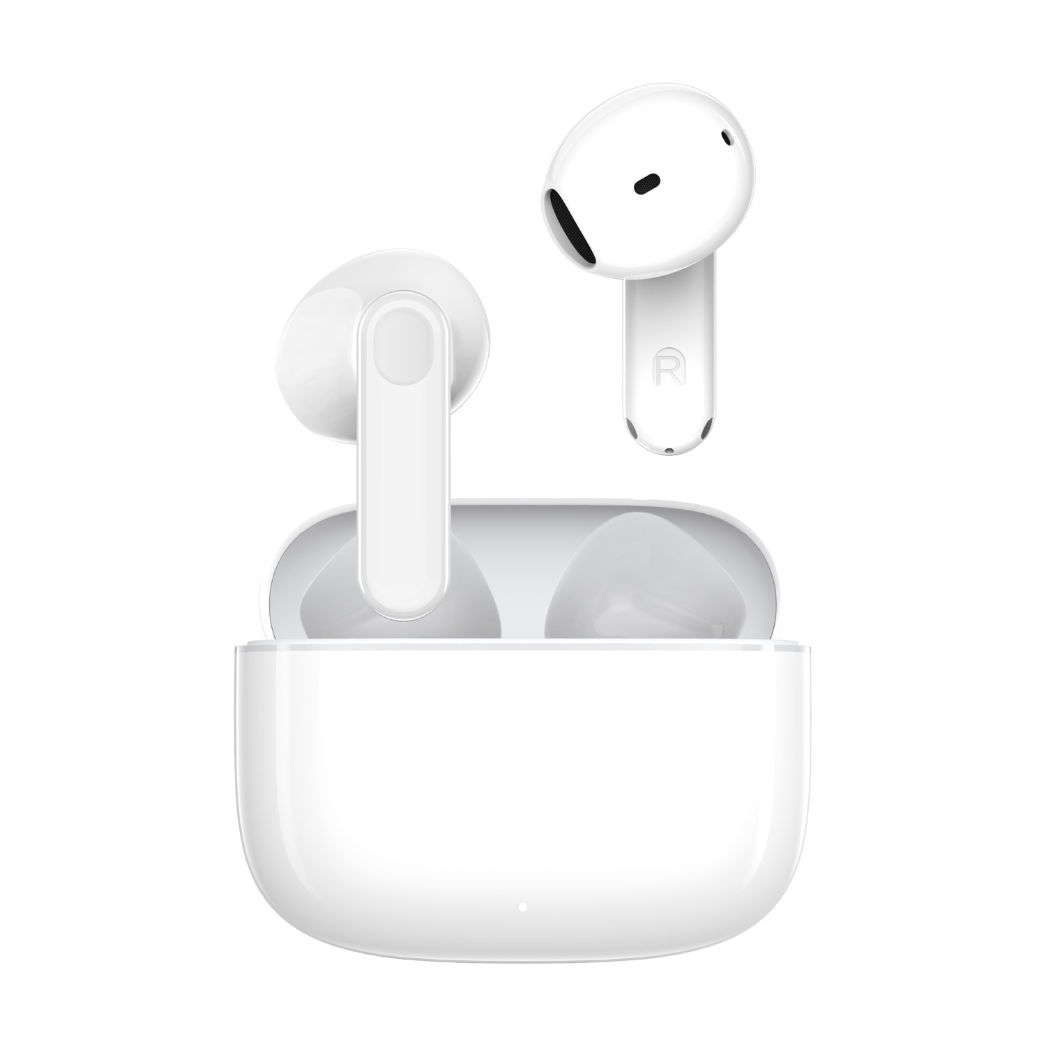 Auricolari wireless bianchi in una custodia di ricarica aperta con un auricolare accanto.