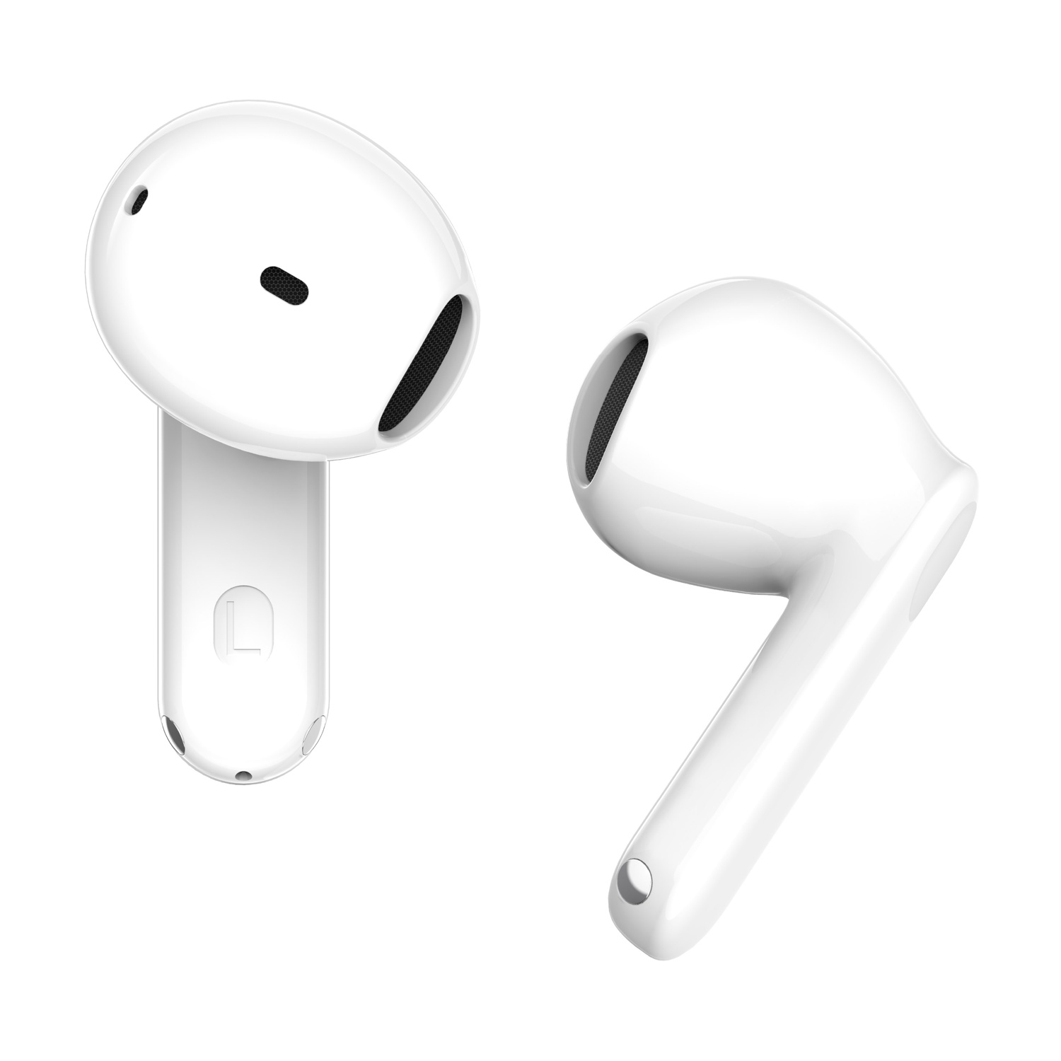 Due auricolari wireless bianchi su sfondo bianco, uno con marchio L.