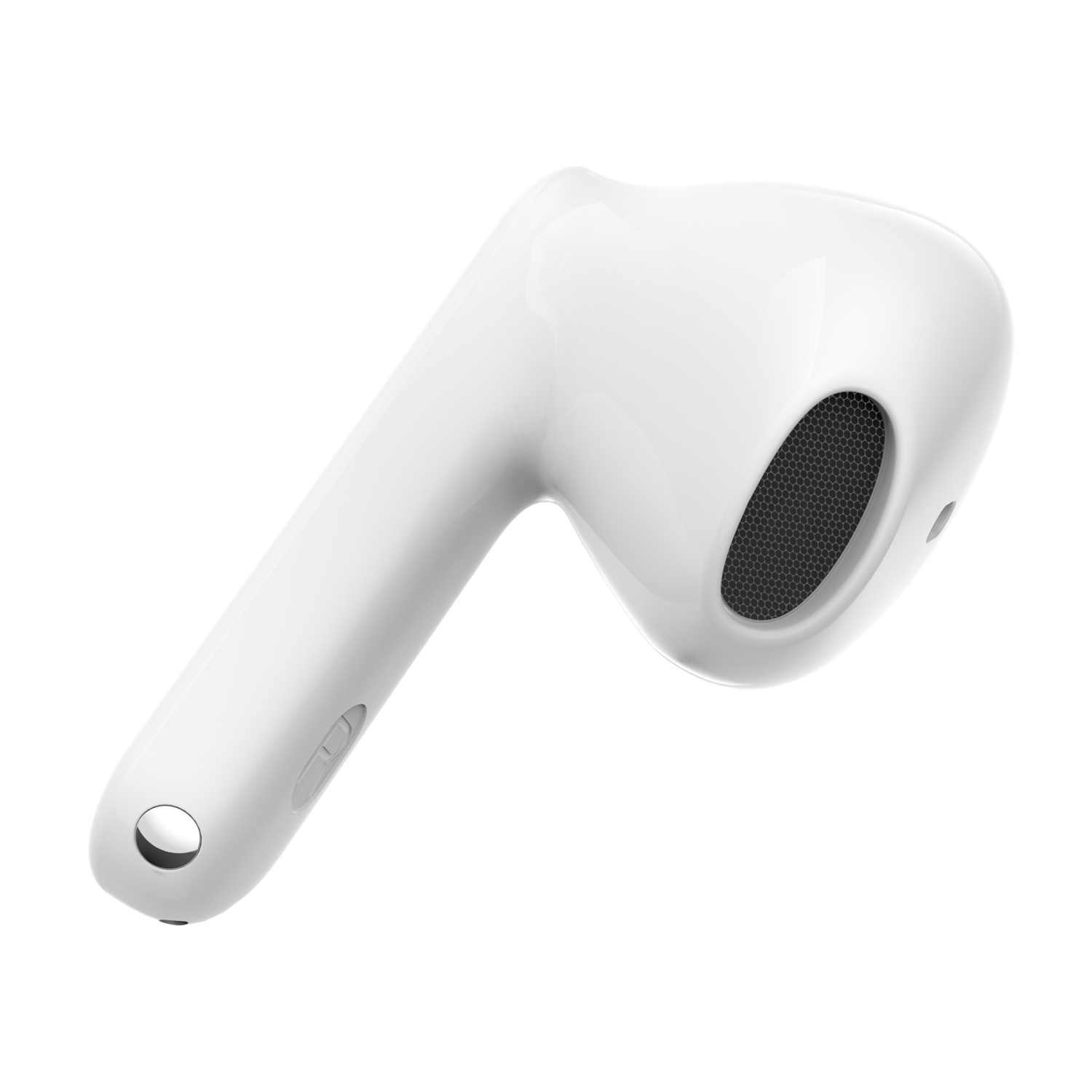 Un singolo auricolare bianco con griglia a rete e pulsanti su sfondo bianco.