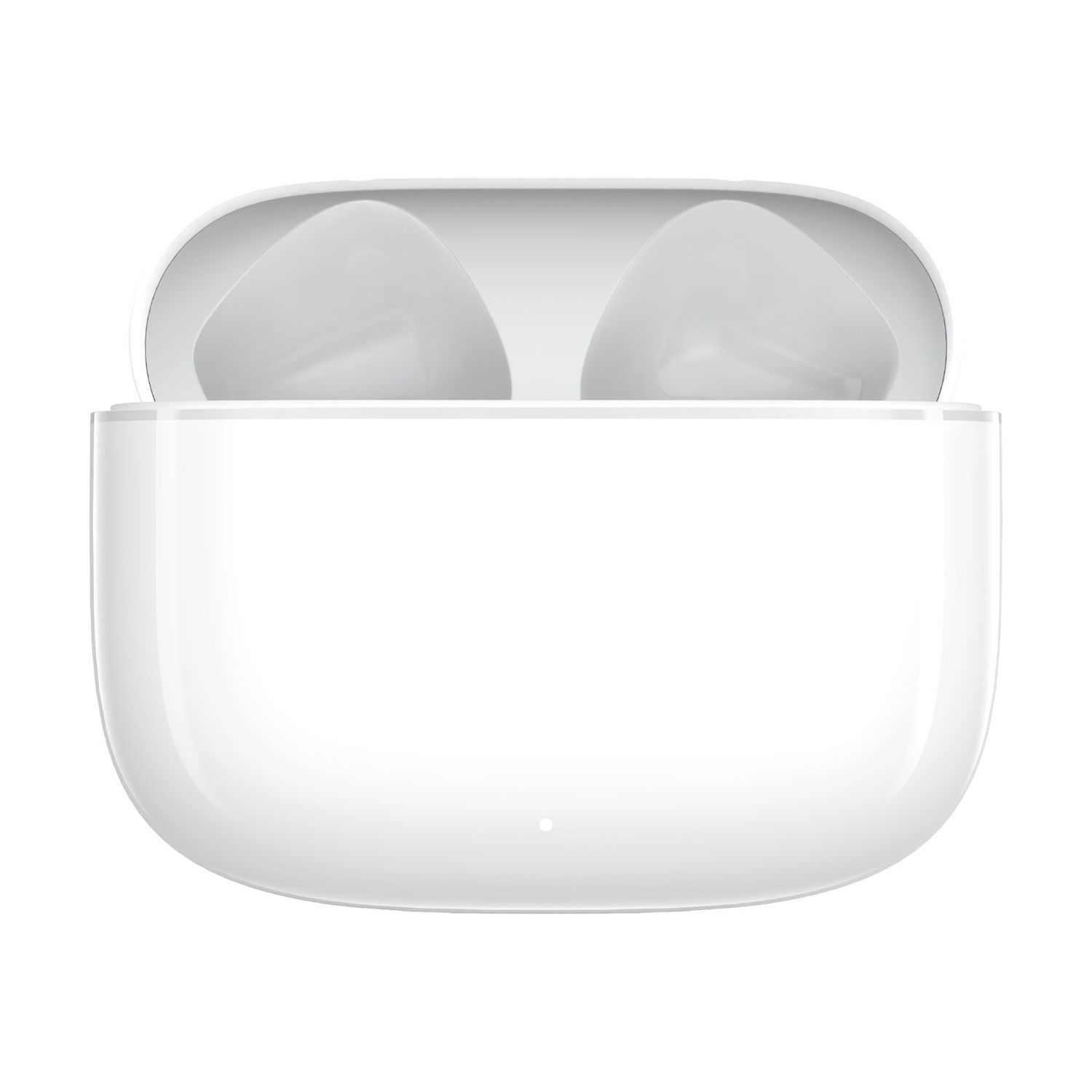 Una custodia di ricarica bianca per auricolari wireless con coperchio aperto.
