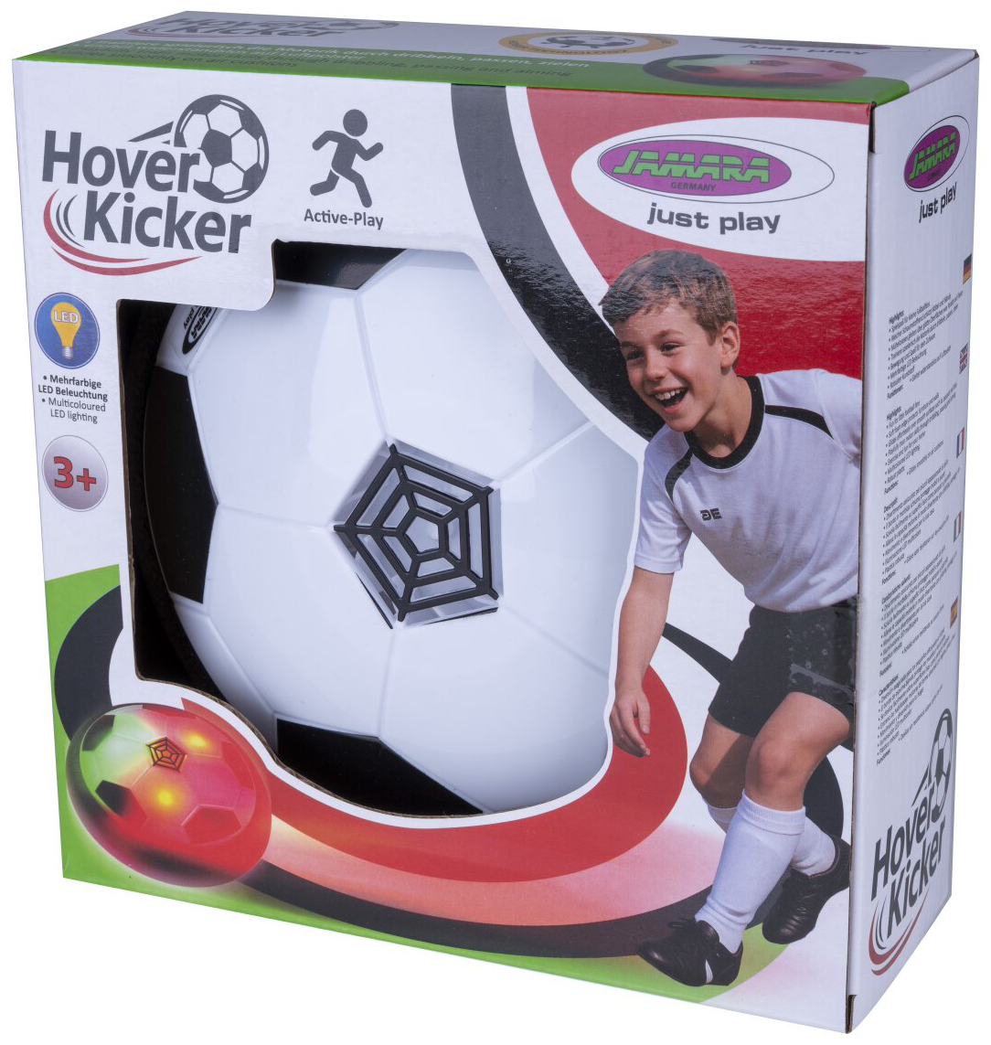 Hover Kicker játékkarton csomagolás egy fiúval és lebegő labdával.