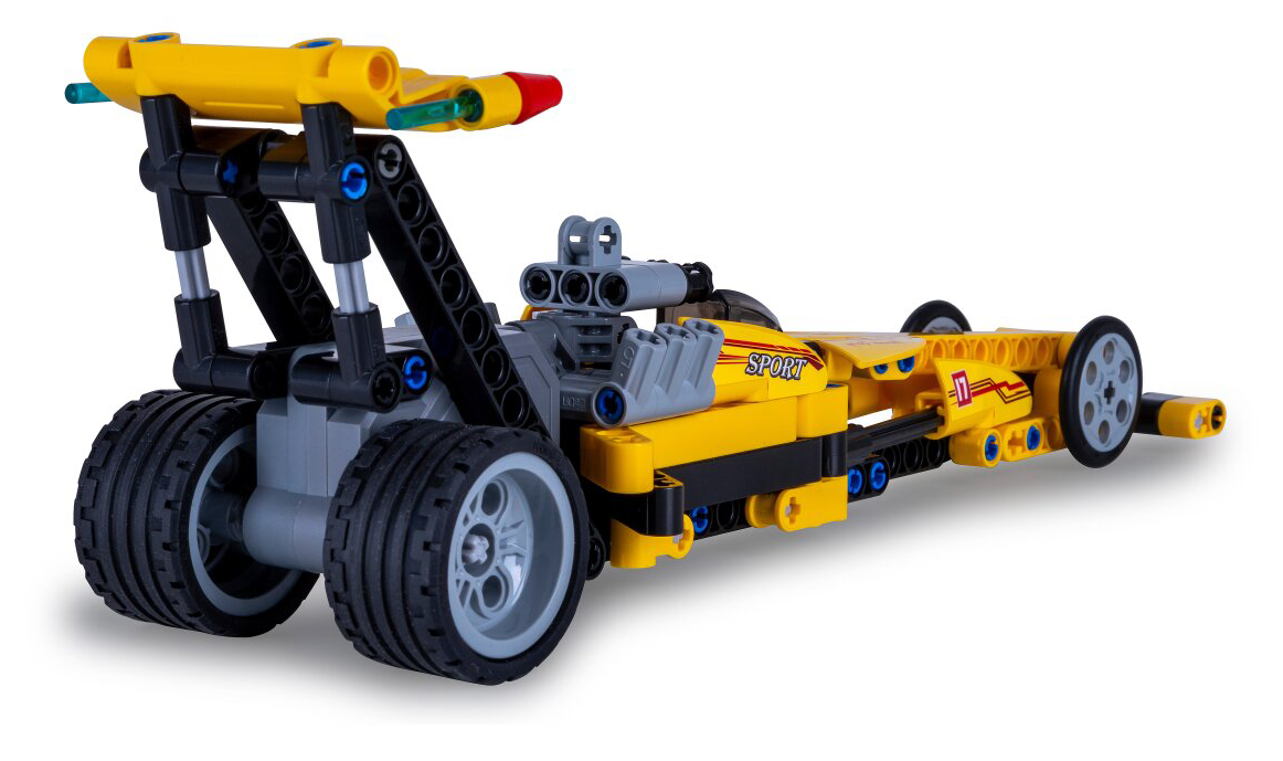 Egy sárga Lego dragster játékautó fekete és szürke elemekkel.