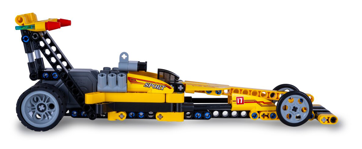 Egy sárga Lego dragster játékautó fekete és szürke díszítéssel.