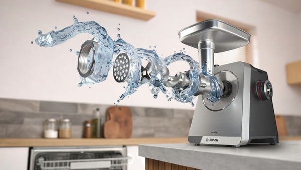 Fleischwolf mit Wasserspritzern im Inneren, auf einer Küchenarbeitsplatte.