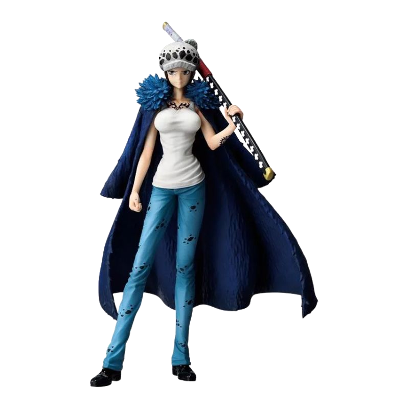 Figura con top blanco, capa azul y vaqueros con manchas negras, sosteniendo espada.
