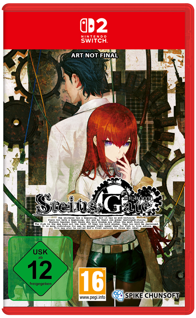 Portada del juego Steins;Gate. Dos personajes, hombre y mujer, en primer plano. Logos USK 12 y PEGI 16.