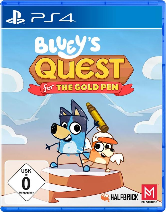 Bluey und Bingo spielen auf einer Klippe, halten einen Stift, PS4-Spielcover.