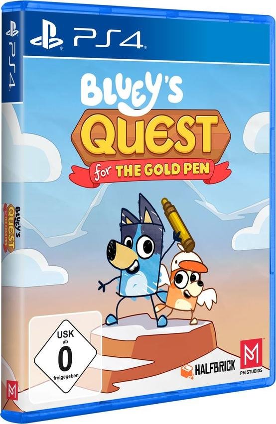 PS4-Spiel "Bluey's Quest for the Gold Pen" mit Bluey und Bingo, die einen Stift halten.