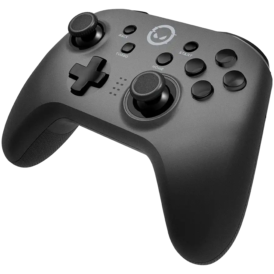 Egy szürke játékkontroller két joystickkel, D-paddal és gombokkal.