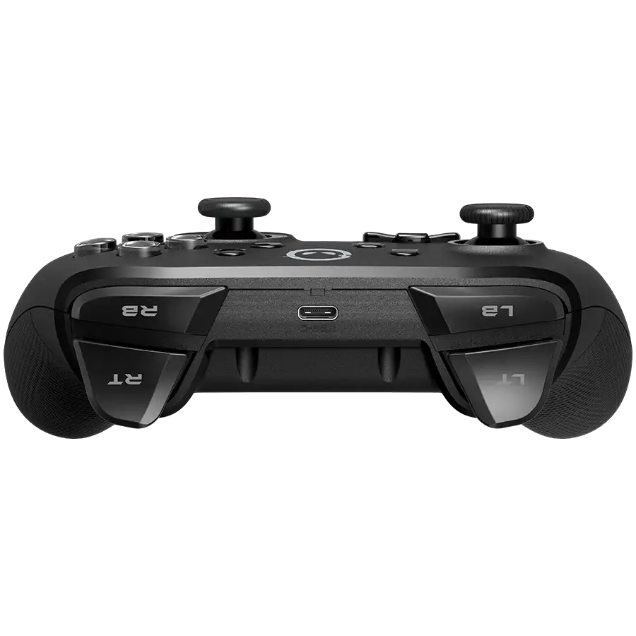 Fekete játékvezérlő két joystickkal, gombokkal és vállgombokkal.