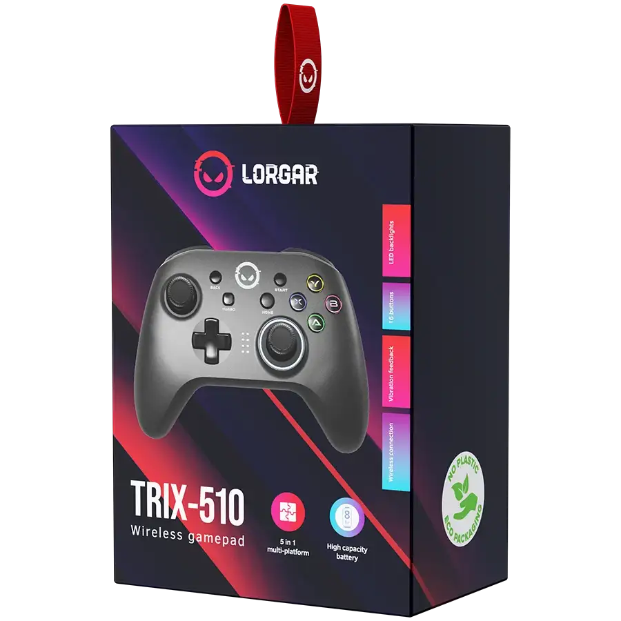 Egy Lorgar Trix-510 vezeték nélküli gamepad doboz fekete kontrollerrel.