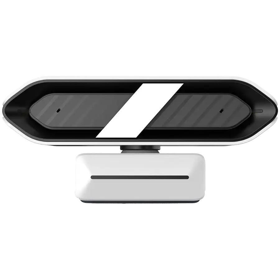 Egy fehér és fekete webkamera elegáns, modern dizájnnal, állványra szerelve.
