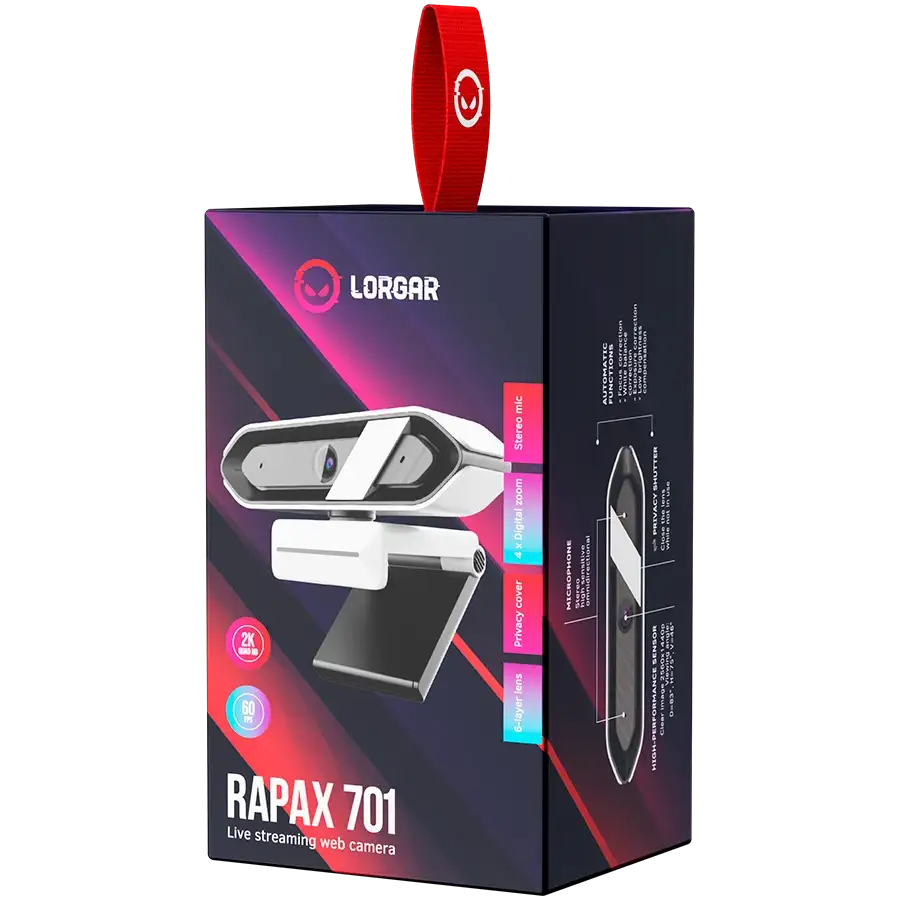 Lorgar Rapax 701 webkamera csomagolása, 2K, 60FPS, sztereó mikrofon, adatvédelmi fedél.