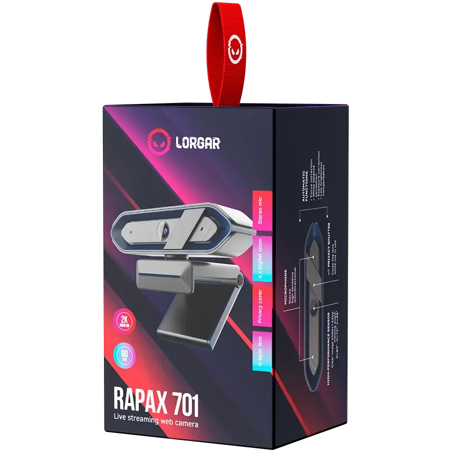Egy Lorgar Rapax 701 webkamera csomagolása piros szalaggal.