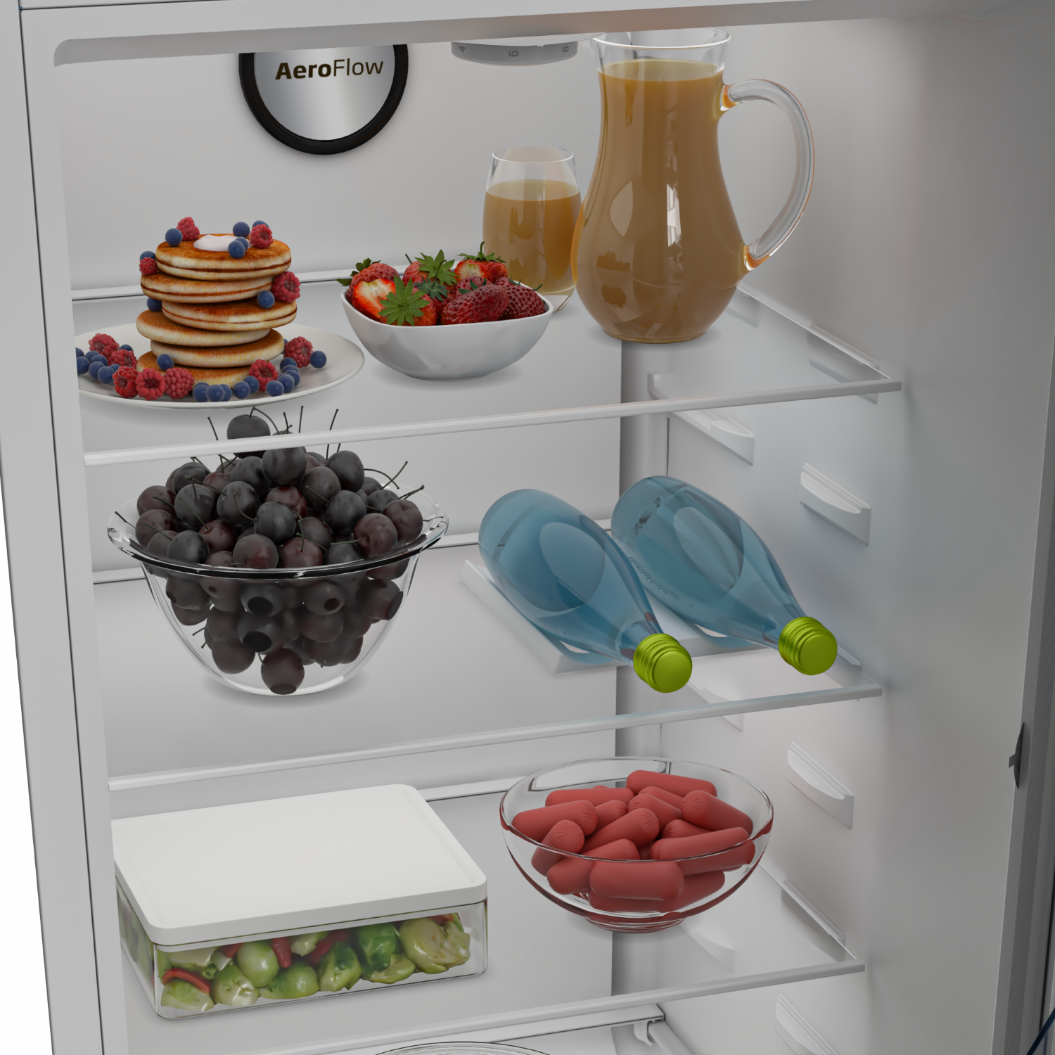Una repisa de refrigerador con panqueques, bayas, jugo, cerezas, botellas y salchichas.
