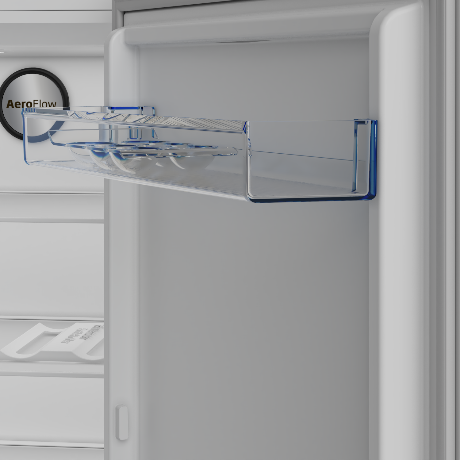Interior de un refrigerador con bandejas de huevos transparentes y etiqueta AeroFlow.