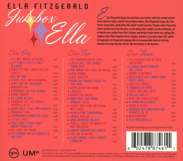 Ella Fitzgerald Jukebox Ella Albumcover mit Titellisten für drei CDs.