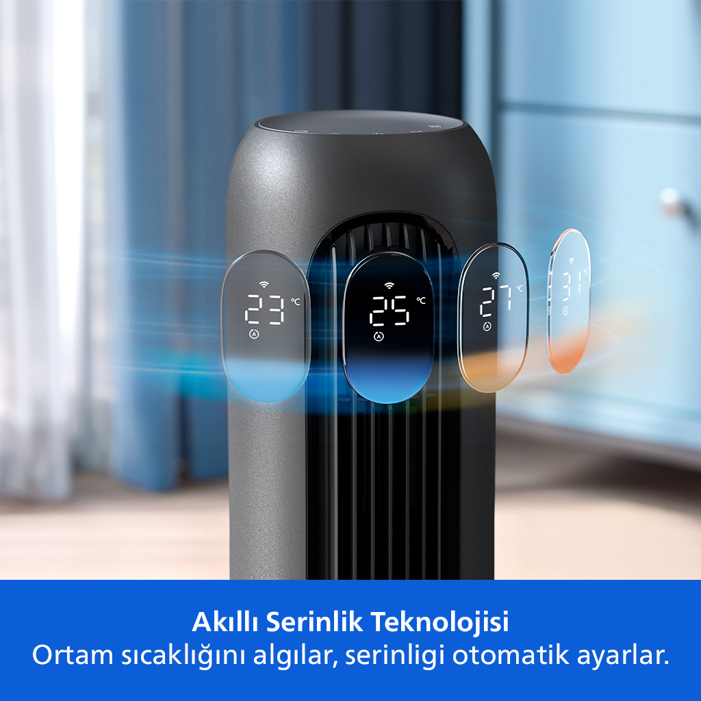 23°C, 25°C, 27°C ve 31°C sıcaklık gösteren koyu renkli kule tipi vantilatör.
