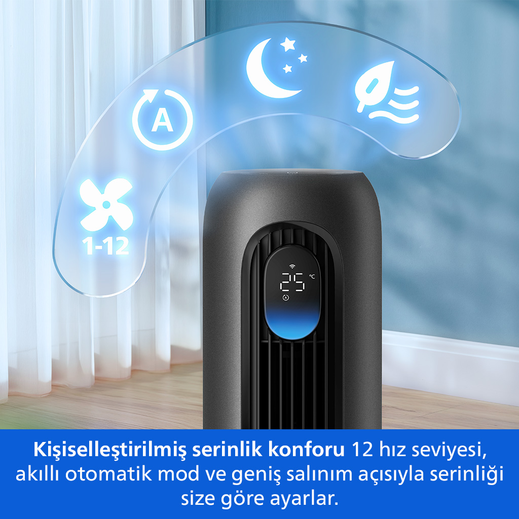 Hız, otomatik ayarlar ve gece modu simgeleri olan siyah kule tipi vantilatör.