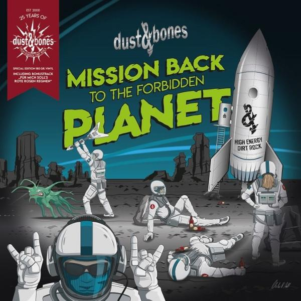 Astronauten auf fremdem Planeten, Rakete, Alien, Bandlogo und Titel.