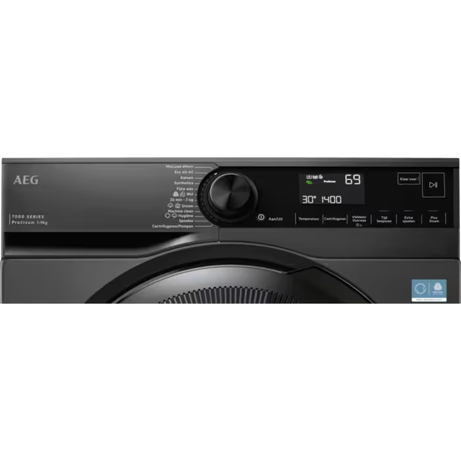 Een grijs AEG wasmachine display met programma keuzes en digitale aflezingen.