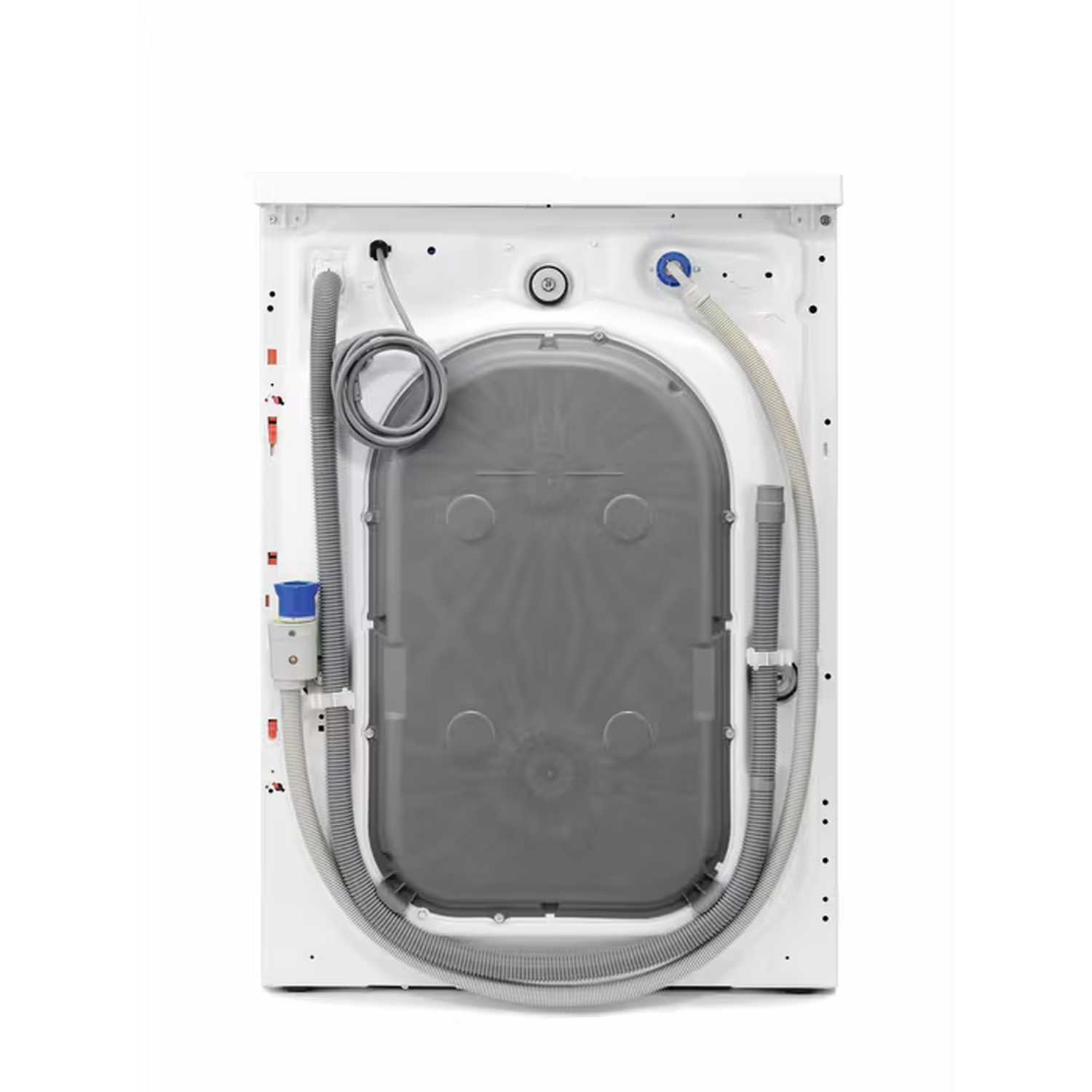 Achterkant van een witte wasmachine met slangen, kabels en aansluitingen.