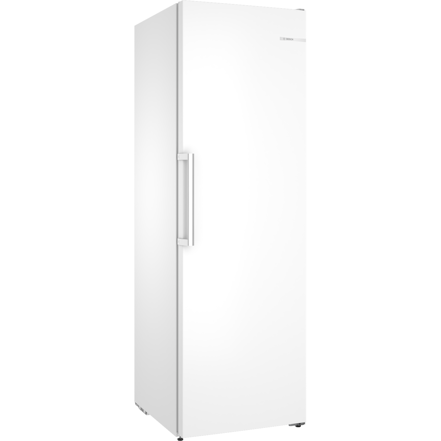 Een witte, staande Bosch vriezer met een zilverkleurig handvat.
