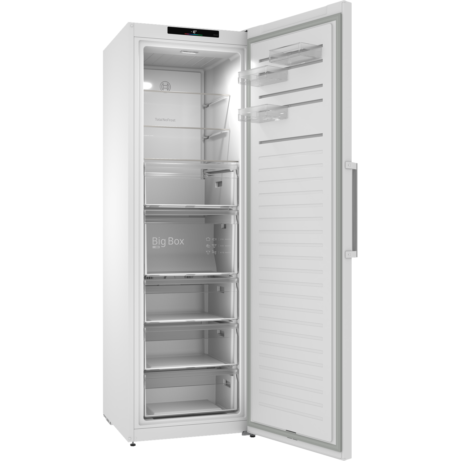 Een witte vriezer met open deur, met planken en lades aan de binnenkant.